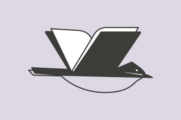 Livro Werbebild zeugt einen fliegenden Vogel, dessen Flügel durch ein geöffnetes Buch dargestellt sind.