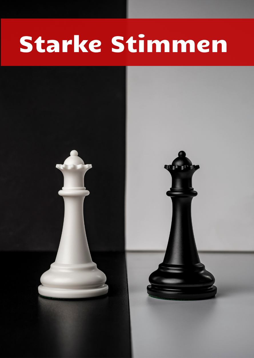 Plakat zum Lesemotiv "Auseinandersetzen": Sich gegenüberstehend sind eine weiße und eine schwarze Schachfigut