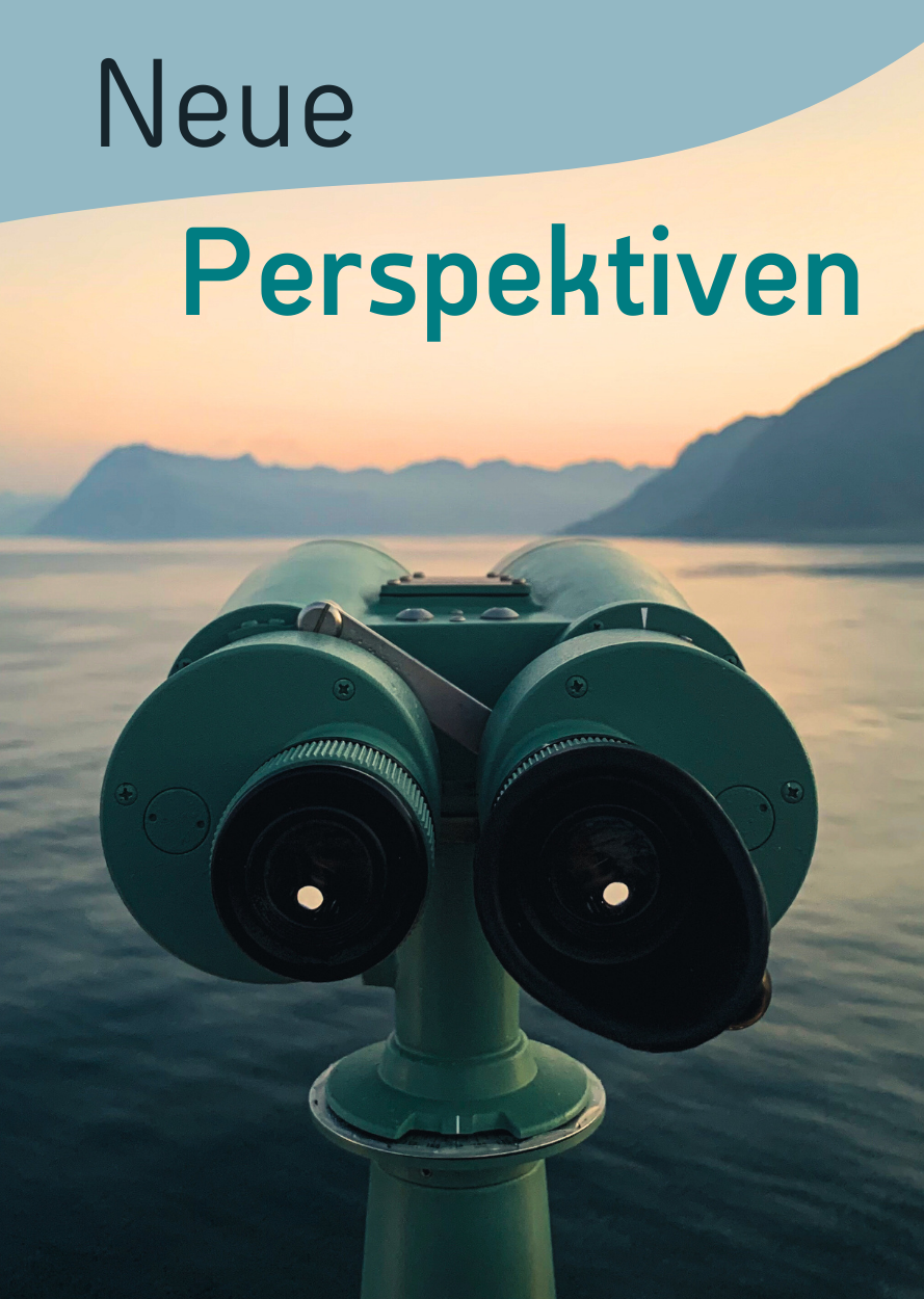 Plakat zum Lesemotiv Entdecken mit einem Aussichtsfernrohr vor einer Wasserfläche und Bergen