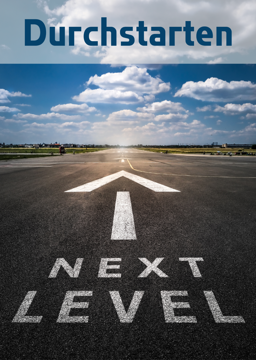 Plakat zum Lesemotiv Optimieren einer Startbahn mit Pfeil und der Überschrift "Durchstarten"