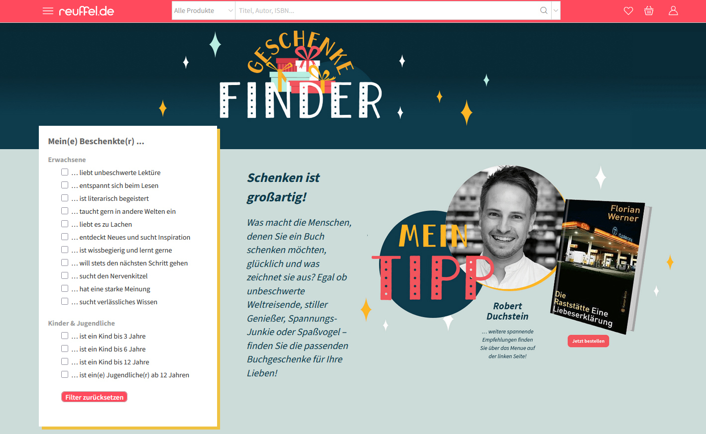 Screenshot des Geschenkefinders der Buchhandlung Reuffel