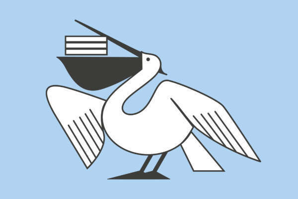 Livro Werbung für die Frankfurter Buchmesse 2023 zeigt einen Pelikan, der einen Stapel Bücher im Schnabel hat.